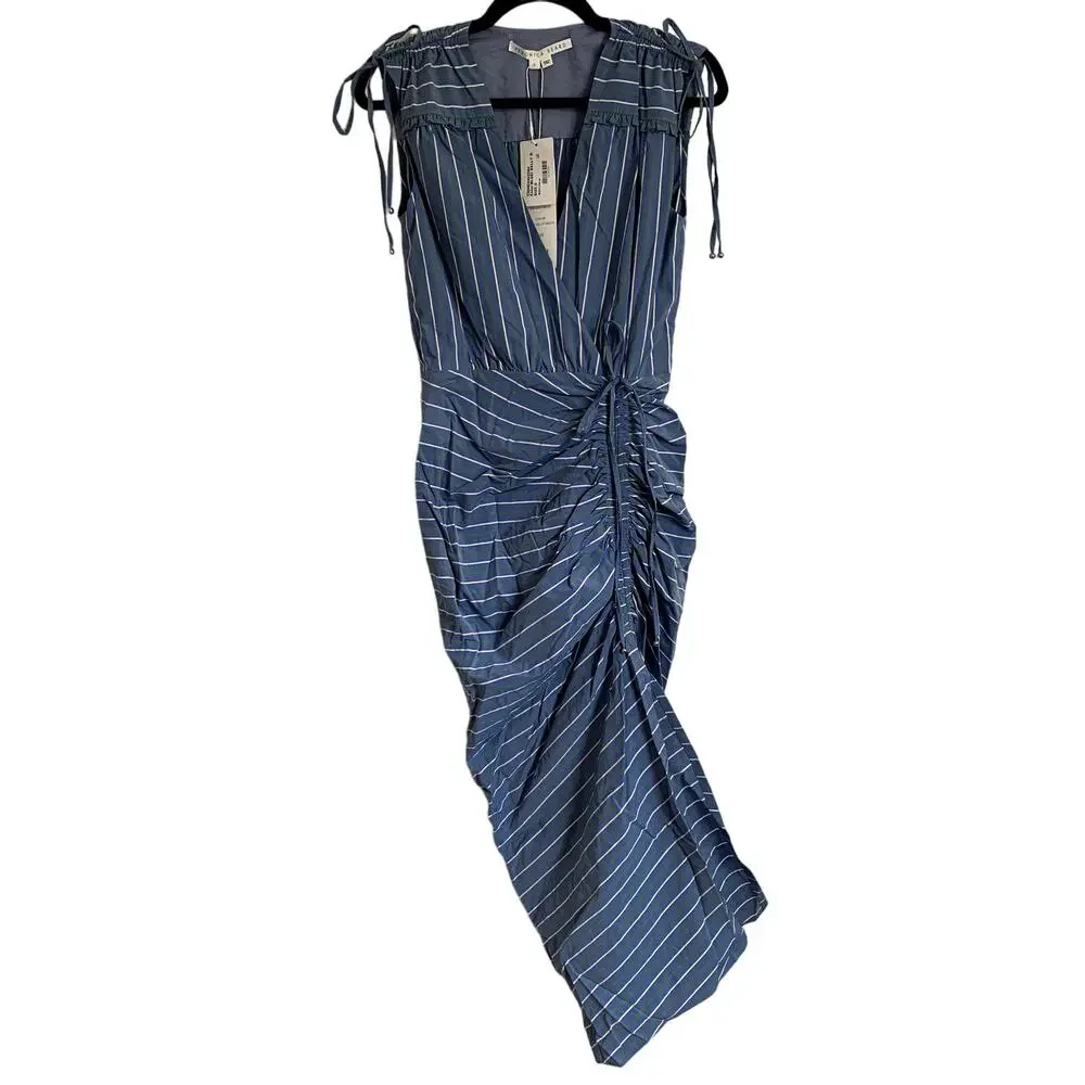 NWT Veronica Beard Teagan Stripe Ruched V-Neck Midi Dress in Blue/Kelly Green - Picture 4 of 15